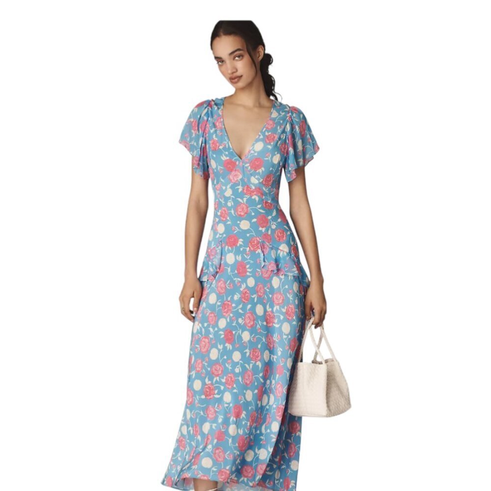 RIXO Evie Silk Maxi Dress, Flutter Sleeve, Tie Back, 100% Silk, Floral, Size 2 - Picture 11 of 11